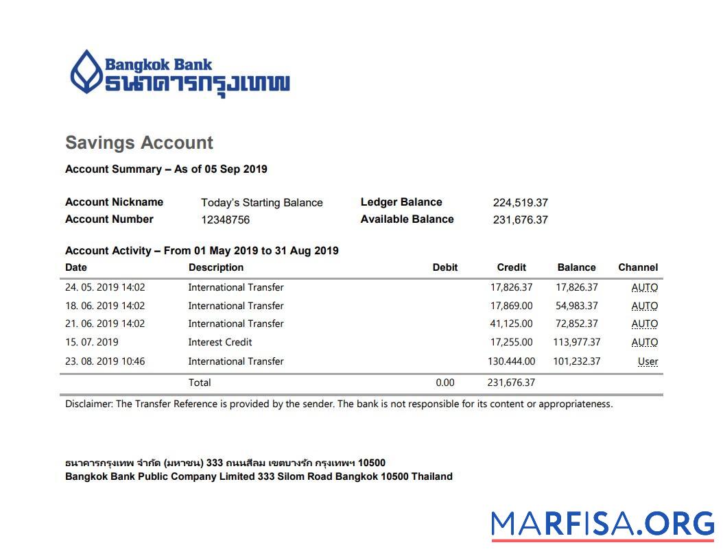 Printable Thailand Bangkok bank Savings Account statement word sample